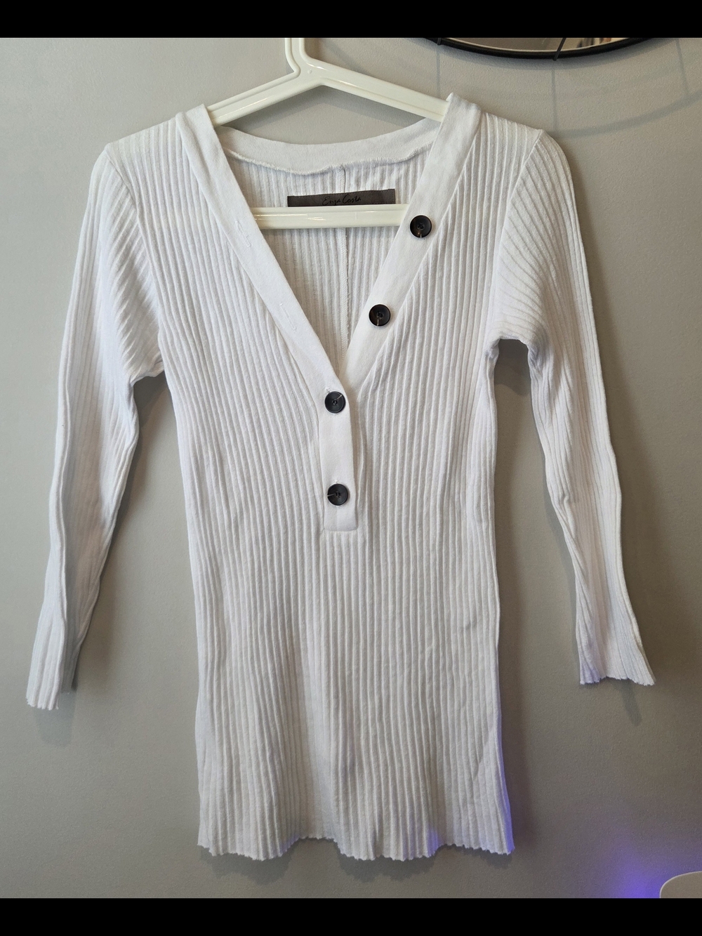 Enza Costa White Ribbed Long-Sleeve V-Neck Button Tunic